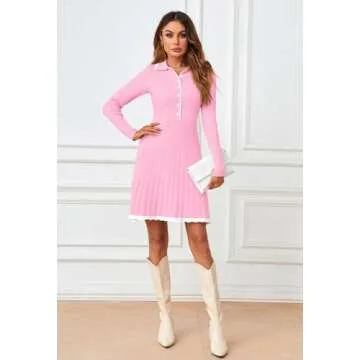MEROKEETY Women's Long Sleeve V Neck Sweater Dress 2024 Fall Button Ribbed Knit Pleated Mini Dresses, Pink, Medium