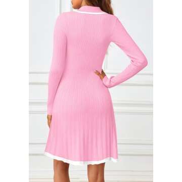 MEROKEETY Women's Long Sleeve V Neck Sweater Dress 2024 Fall Button Ribbed Knit Pleated Mini Dresses, Pink, Medium