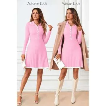 MEROKEETY Women's Long Sleeve V Neck Sweater Dress 2024 Fall Button Ribbed Knit Pleated Mini Dresses, Pink, Medium
