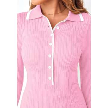 MEROKEETY Women's Long Sleeve V Neck Sweater Dress 2024 Fall Button Ribbed Knit Pleated Mini Dresses, Pink, Medium