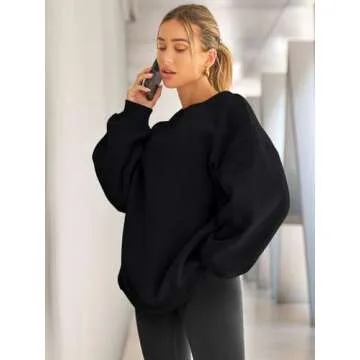EFAN Womens Oversized Sweatshirts Hoodies Fleece Crewneck Sweaters Casual Tops Comfy Fall Fashion Outfits Winter Clothes 2024 Black L