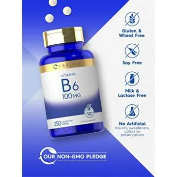 Carlyle Vitamin B6 100mg | 250 Tablets | Pyridoxine Hydrochloride Supplement | Vegetarian, Non-GMO, Gluten Free