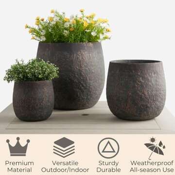 Wallowa Large Outdoor Planter, 17.7"+13"+9.1" Dia Round Weathered Concrete Planter Set of 3, Flower Pots with Drainage Holes and Sealing Plug for Garden, Patio, Home, Office, Bronze Rust