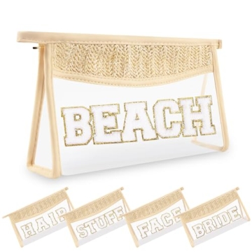 Small Boho Straw Clear Beach Makeup Bags for Women&Girls, Zipper Cosmetic Bag Chenille Varsity Lette...
