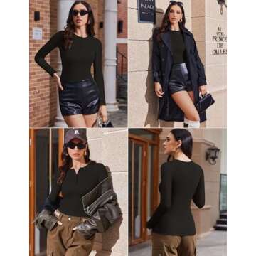 Ekouaer Women's Long Sleeve Shirts 3 Packs Henley Button Down Tops Ribbed Slim Fit Base Layer Soft Thermal Tee Black/Beige/Brown (3pcs) XXL