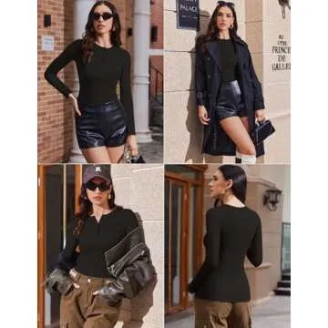 Ekouaer Women's Long Sleeve Shirts 3 Packs Henley Button Down Tops Ribbed Slim Fit Base Layer Soft Thermal Tee Black/Beige/Brown (3pcs) XXL