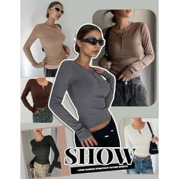 Ekouaer Women's Long Sleeve Shirts 3 Packs Henley Button Down Tops Ribbed Slim Fit Base Layer Soft Thermal Tee Black/Beige/Brown (3pcs) XXL