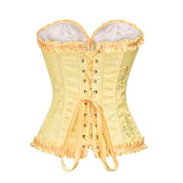 YUNAR Women's Beautiful Floral Lace Up Boned Overbust Corset Bustier Lingerie Bodyshaper Top (M, Yel...