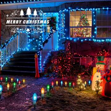 Christmas Pathway Lights Outdoor, 25.7 Feet C9 Christmas Lights with 20 Multicolor Bulbs and Stakes, Connectable Outdoor Christmas Decorations Outside Yard Walkway Sidewalk Holiday