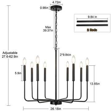 YLCHYTDZSW 8-Light Simple Modern Dining Room Light Fixture Black Farmhouse Chandelier for Living Room Foyer Chandeliers for High Ceilings Candle Chandelier for Kitchen, Foyer, Entryway, Bedroom