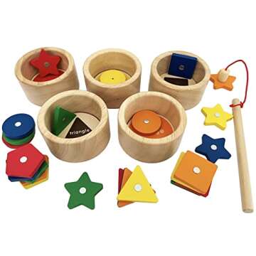 Dailyfunn Montessori Toy Wooden Sorting Cup&Fishing Game 2-in-1 Colors Shapes Sorting Matching Learn...