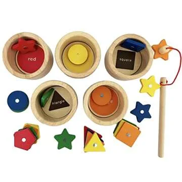 Dailyfunn Montessori Toy Wooden Sorting Cup&Fishing Game 2-in-1 Colors Shapes Sorting Matching Learning Toys for Toddlers 1-3 Year Old