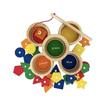 Dailyfunn Montessori Toy Wooden Sorting Cup&Fishing Game 2-in-1 Colors Shapes Sorting Matching Learning Toys for Toddlers 1-3 Year Old