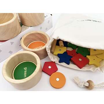 Dailyfunn Montessori Toy Wooden Sorting Cup&Fishing Game 2-in-1 Colors Shapes Sorting Matching Learning Toys for Toddlers 1-3 Year Old