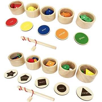 Dailyfunn Montessori Toy Wooden Sorting Cup&Fishing Game 2-in-1 Colors Shapes Sorting Matching Learning Toys for Toddlers 1-3 Year Old