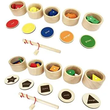 Dailyfunn Montessori Toy Wooden Sorting Cup&Fishing Game 2-in-1 Colors Shapes Sorting Matching Learning Toys for Toddlers 1-3 Year Old