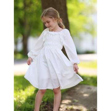 Enlifety Girls Elegant White Summer Dress with Pockets