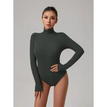 REORIA Women's Basic Long Sleeve Ribbed Turtleneck Leotard Stretchy Bodysuit Tops Jumpsuits