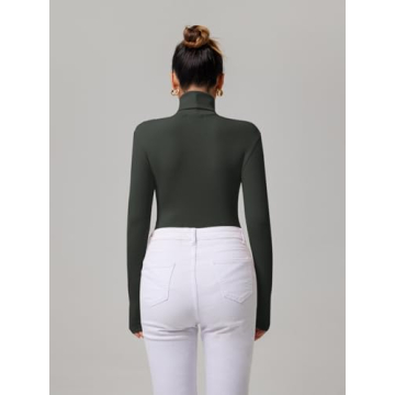 REORIA Women's Basic Long Sleeve Ribbed Turtleneck Leotard Stretchy Bodysuit Tops Jumpsuits