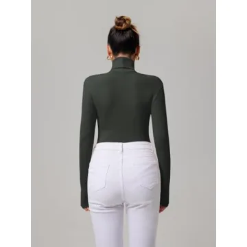 REORIA Women's Basic Long Sleeve Ribbed Turtleneck Leotard Stretchy Bodysuit Tops Jumpsuits