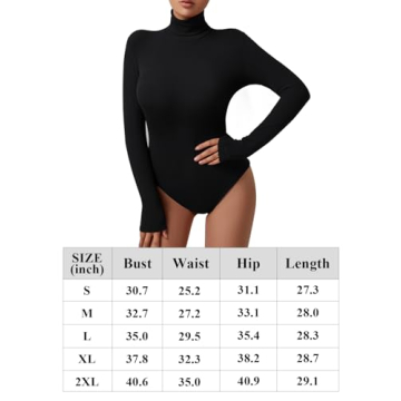 REORIA Women's Basic Long Sleeve Ribbed Turtleneck Leotard Stretchy Bodysuit Tops Jumpsuits