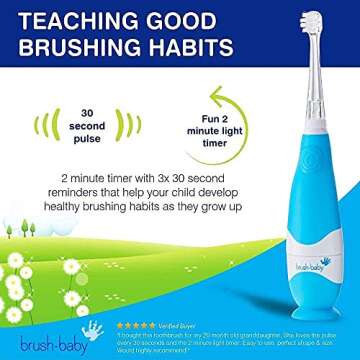 BabySonic Infant and Toddler Electric Toothbrush for Ages 0-3 Years - Safe and Sensitive Brush Heads, Sucker Base, Timer, Waterproof