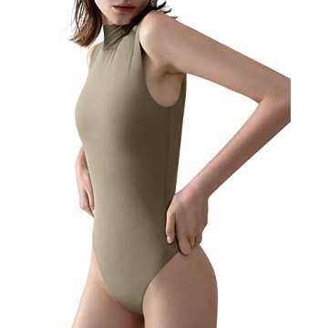 PUMIEY Sleeveless Bodysuit Mock Turtle Neck for Women