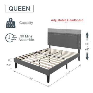 VECELO Queen Size Platform Bed Frame with Height Adjustable Upholstered Headboard, Modern Mattress F...