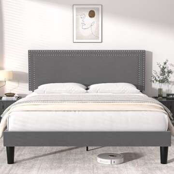 VECELO Queen Size Platform Bed Frame with Height Adjustable Upholstered Headboard, Modern Mattress Foundation,Strong Wood Slat Support, No Box Spring Needed, Easy Assembly