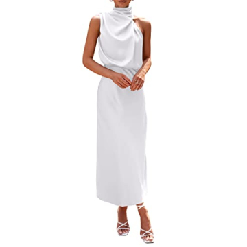 PRETTYGARDEN Women's 2025 Summer Satin Dress - Elegant Mock Neck Cocktail Maxi