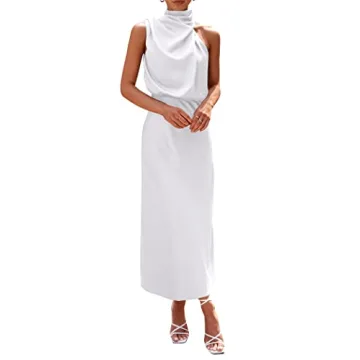 PRETTYGARDEN Women's 2025 Summer Satin Dress - Elegant Mock Neck Cocktail Maxi