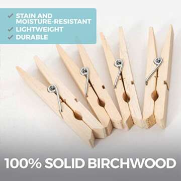 Home Genie Large Wooden Clothespins, 2.9", 50 Pack Natural Birchwood, Rust and Moisture Resistant Clothes Pegs, Durable Wood Clothing Pins, Strong Grip, Laundry Clothesline, Bag Clips, Crafts, Photos