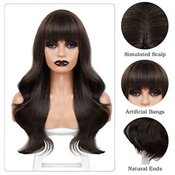BOGSEA Brown Wig with Bangs for Women Long Wavy Hair Wig Brown Wig Curly Wavy Synthetic Wigs for Girls Daily Party Use(Brown)