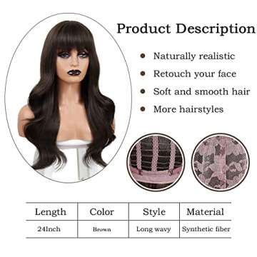 BOGSEA Brown Wig with Bangs for Women Long Wavy Hair Wig Brown Wig Curly Wavy Synthetic Wigs for Girls Daily Party Use(Brown)