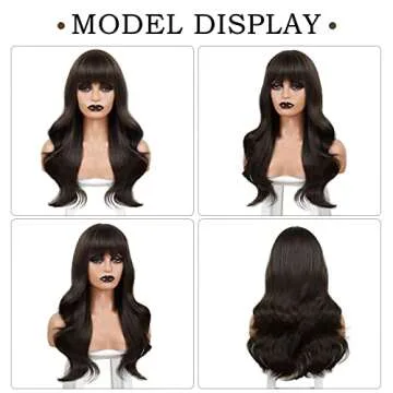 BOGSEA Brown Wig with Bangs for Women Long Wavy Hair Wig Brown Wig Curly Wavy Synthetic Wigs for Girls Daily Party Use(Brown)