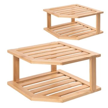 VERTORGAN Bamboo Corner Shelf(2 Pack),2 Tier Plate Organizer for Cabinet Suitable for Pantry Organiz...