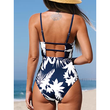 CUPSHE Women Swimsuit One Piece Bathing Suit Square Neck Cutout Back Tummy Control with Adjustable Spaghetti Straps, M Navy Blue