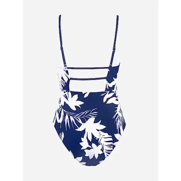 CUPSHE Women Swimsuit One Piece Bathing Suit Square Neck Cutout Back Tummy Control with Adjustable Spaghetti Straps, M Navy Blue