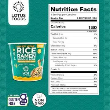 Lotus Foods Organic Garlicky Veggie Rice Ramen Noodle Soup - Ramen Noodles, Cup of Noodles, Instant Ramen Bowl, Made With Organic Brown Rice - 1.94 Oz Cups (Pack of 6)