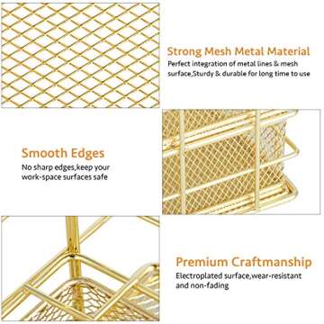 POPRUN Desk Organizers Set and Accessories for Women with Drawer, Desk Supplies and Stationary Oganizer for Home and Office Desk Decor, Metal Mesh Desk Organization and Storage (Gold)