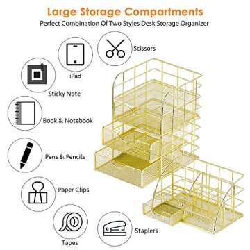 POPRUN Desk Organizers Set and Accessories for Women with Drawer, Desk Supplies and Stationary Oganizer for Home and Office Desk Decor, Metal Mesh Desk Organization and Storage (Gold)
