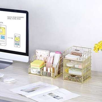 POPRUN Desk Organizers Set and Accessories for Women with Drawer, Desk Supplies and Stationary Oganizer for Home and Office Desk Decor, Metal Mesh Desk Organization and Storage (Gold)