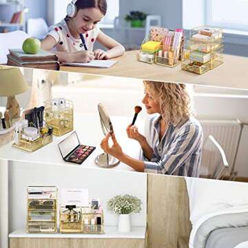 POPRUN Desk Organizers Set and Accessories for Women with Drawer, Desk Supplies and Stationary Oganizer for Home and Office Desk Decor, Metal Mesh Desk Organization and Storage (Gold)
