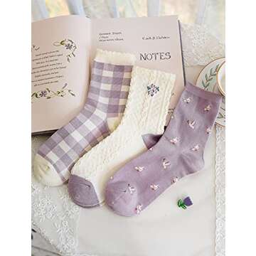DOKUTOKU Purple Socks Women Casual Crew Socks Cotton Cute Ladies Socks 3 Pairs Fashion Gifts for Wom...