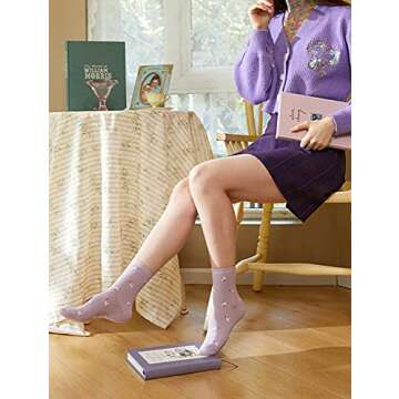 DOKUTOKU Purple Socks Women Casual Crew Socks Cotton Cute Ladies Socks 3 Pairs Fashion Gifts for Women Girls (flyer purple crew socks 518293)