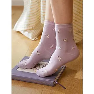 DOKUTOKU Purple Socks Women Casual Crew Socks Cotton Cute Ladies Socks 3 Pairs Fashion Gifts for Women Girls (flyer purple crew socks 518293)