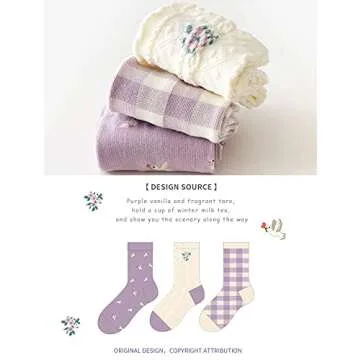 DOKUTOKU Purple Socks Women Casual Crew Socks Cotton Cute Ladies Socks 3 Pairs Fashion Gifts for Women Girls (flyer purple crew socks 518293)