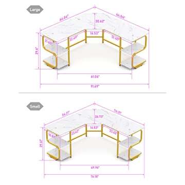 Teraves Modern L Shaped Desk with Shelves,64.84" Computer Desk/Gaming Desk for Home Office,Corner Desk with Large Desktop (White Marbling+ Gold Frame, Large+4 Tier Shelves)