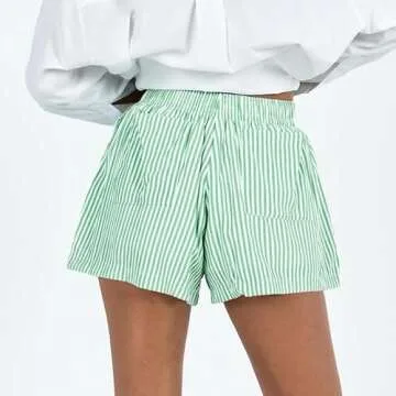 Striped Boxer Shorts Women Elastic Waist Y2k Lounge Pajama Shorts Cute Stripe Print Bottoms with Pockets(Green,S)