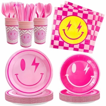 PumQuu 168PCS Preppy Birthday Decorations - Smile Face Party Set for Girls